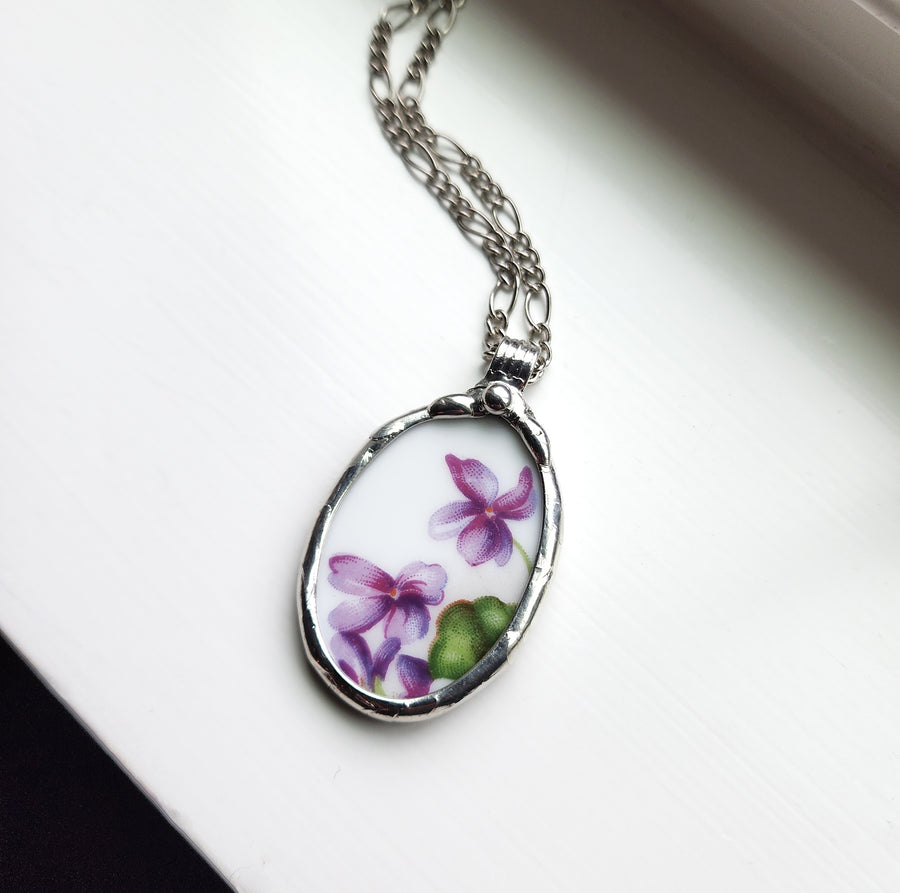 Repurposed Broken China Pendant Necklace Oval with Wild Violets