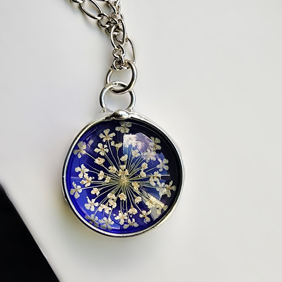 Stained Glass Necklace, Blue with Queen Anne's Lace