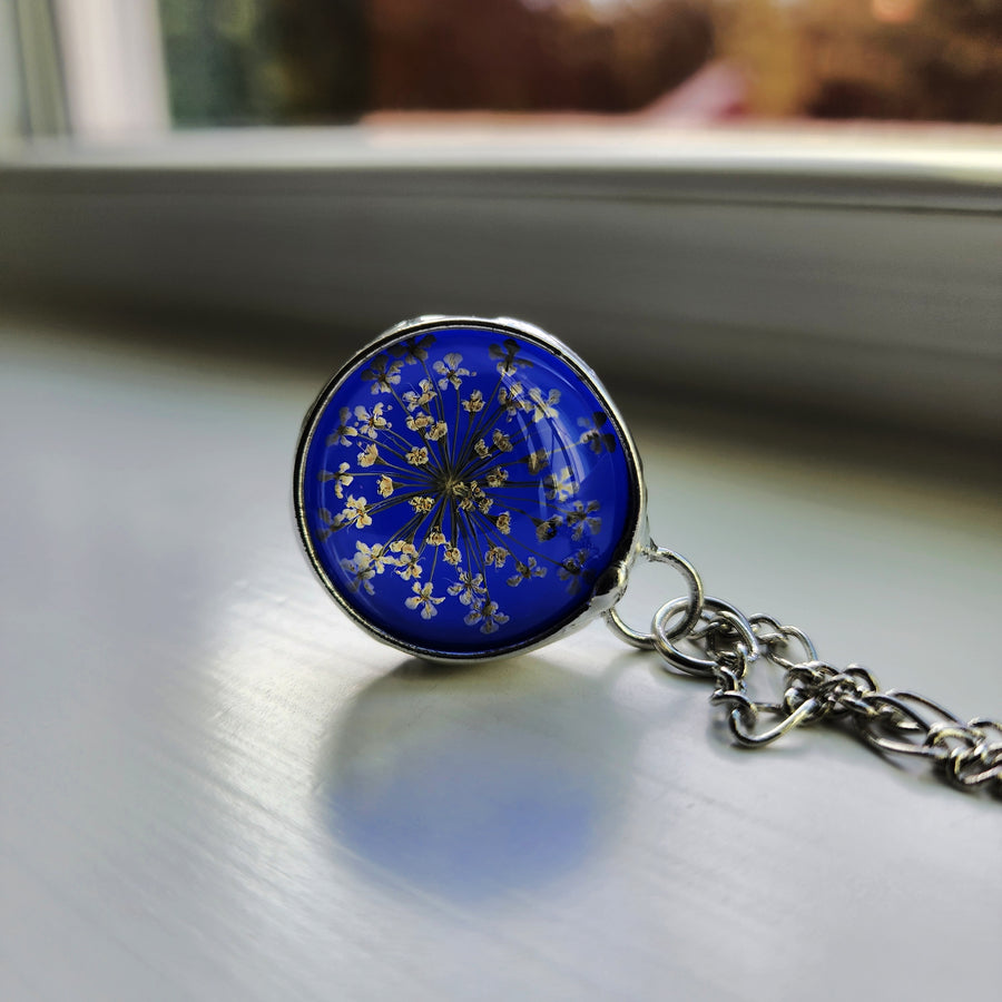 Stained Glass Necklace, Blue with Queen Anne's Lace