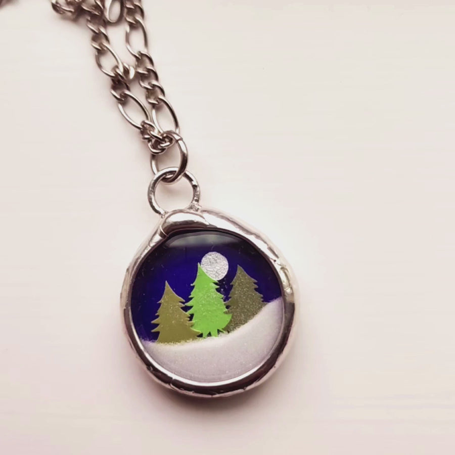 Trees Snow Globe Pendant, Fidget Jewelry