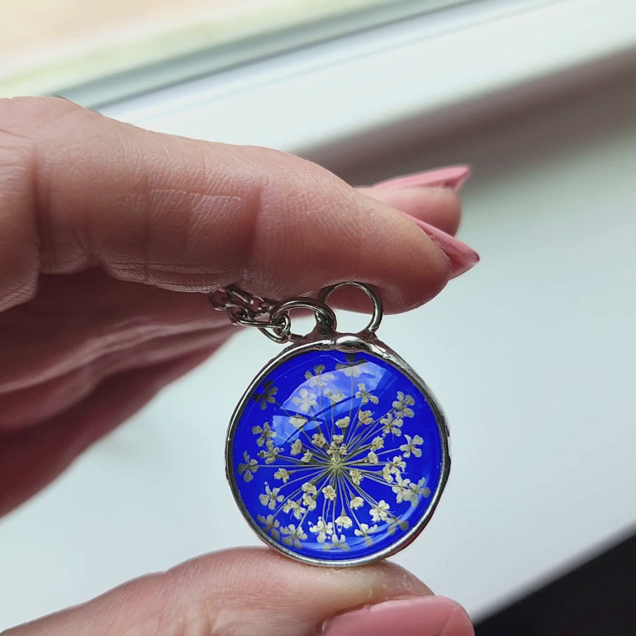 Stained Glass Necklace, Blue with Queen Anne's Lace