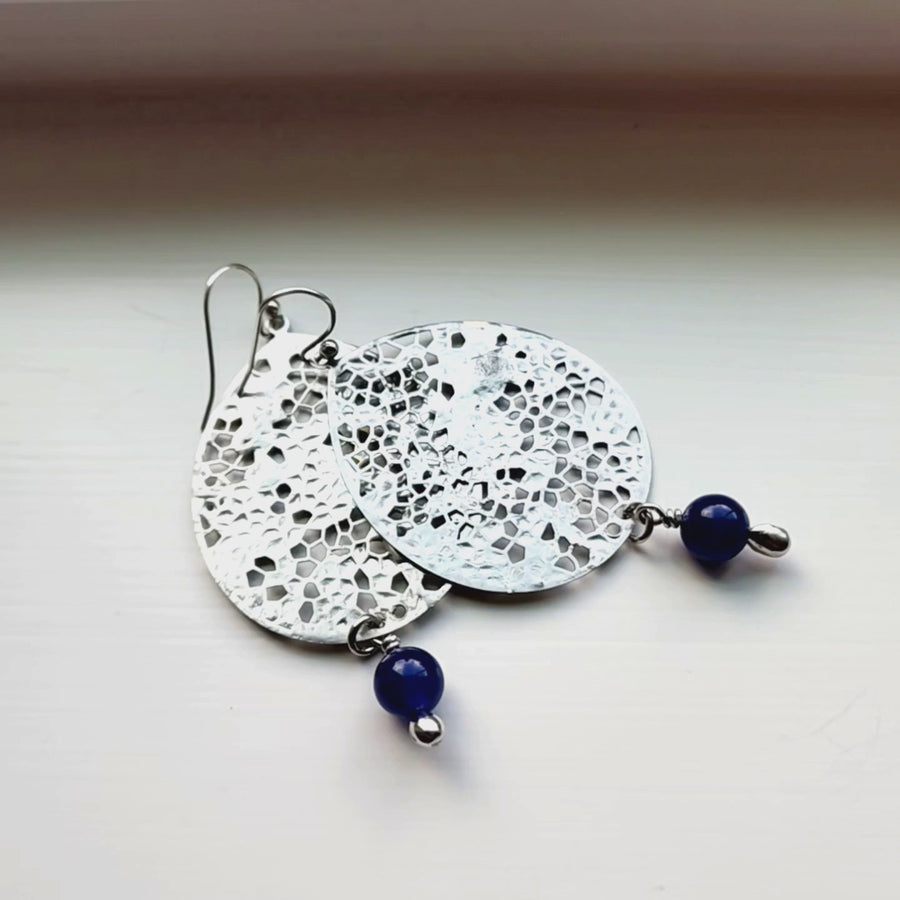 Large Silver Earrings with Blue Jade Bead