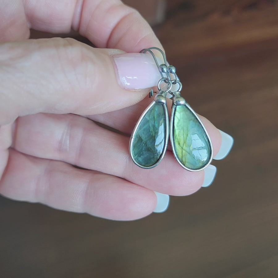 Labradorite Earrings, Green Flash - SOLD