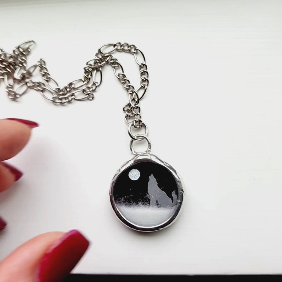 Howling Wolf Full Moon Snow Globe Pendant