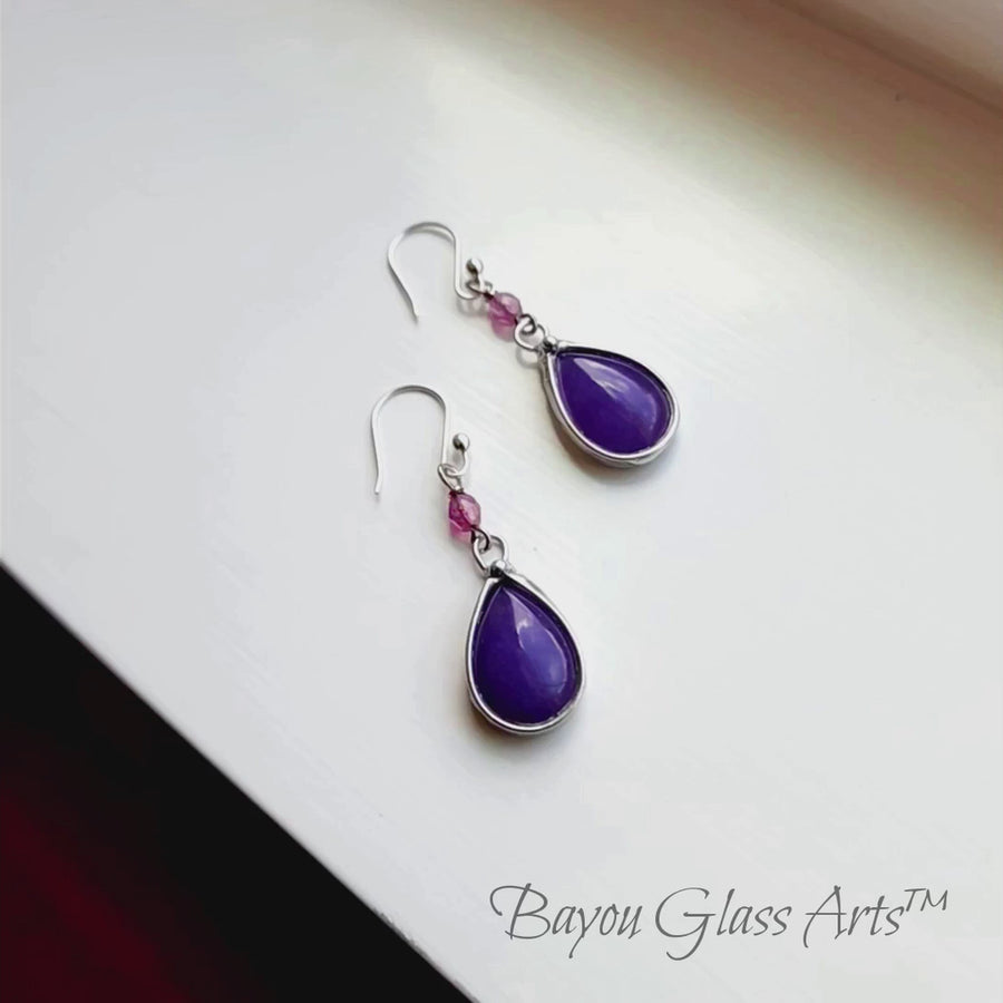 Pretty Glass Earrings, Jellybean Purple Dangle Earrings, Sterling Silver Ear Wires