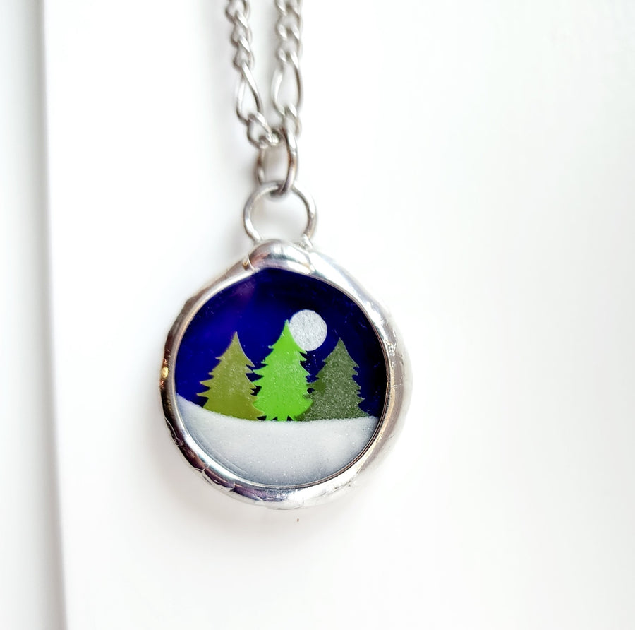 Trees Snow Globe Pendant, Fidget Jewelry